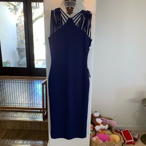 Dress the Population navy slim fitted straps neckline/back knit mid-length NWT